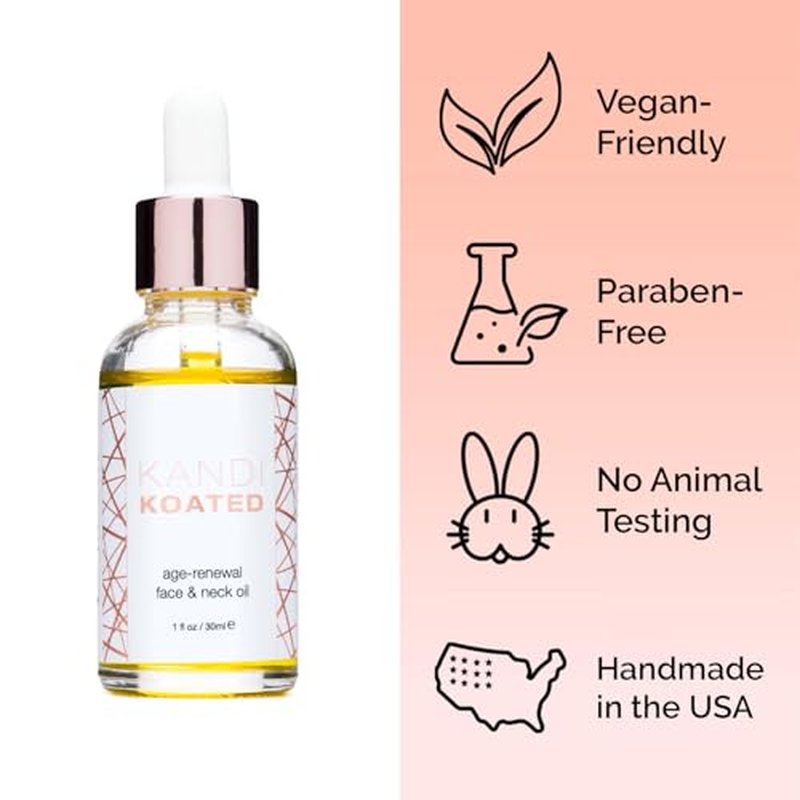 Kandi Koated Age-Renewal Face & Neck Oil Burruss ? Botanical Oil with Jojoba, Vitamin C, Green Tea & Coffee Extract ? Hydrating, Firming, Vegan Skincare, 1 fl oz