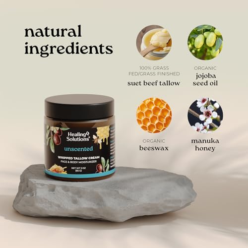 Healing Solutions - Whipped Tallow Balm, 100% Grass Fed/Grass Finished Beef Tallow with Organic Jojoba & Manuka Honey for Skin, Face & Body, All Natural Moisturizer Cream, Made in USA