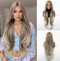 Long Ombre Blonde Wavy Curly Wig with Middle Part - Brown Ombre, 30 Inch Synthetic Hair for Women
