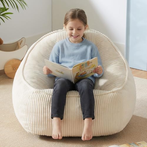 HUGHEAVEN Kids Bean Bag Chair Small Beige - Soft Cozy Reading Seat