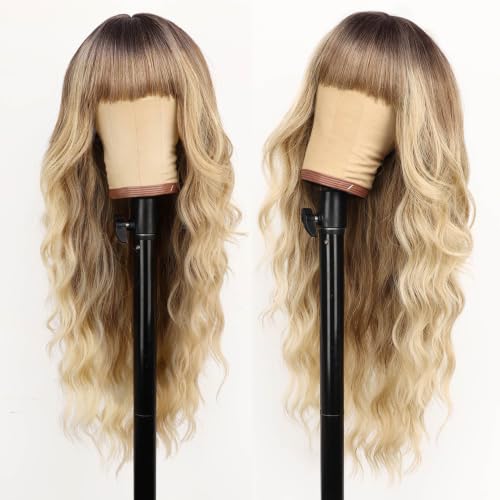 Ombre Blonde Synthetic Wig with Bangs - Long Wavy 26 Inch Hair for Women