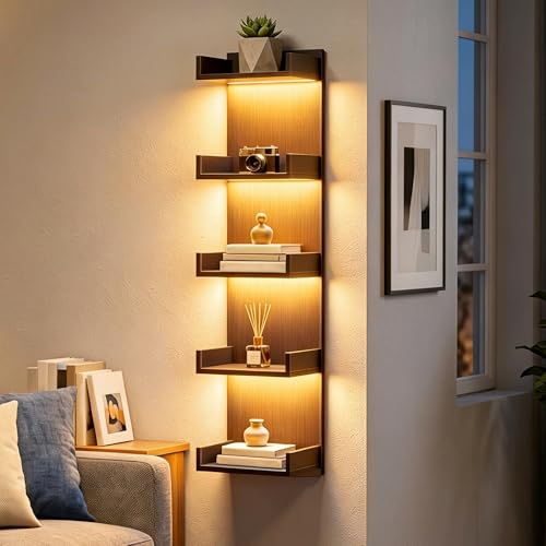 Black 45.7-Inch LED Floating Wall Shelf with Lights - Modern Storage