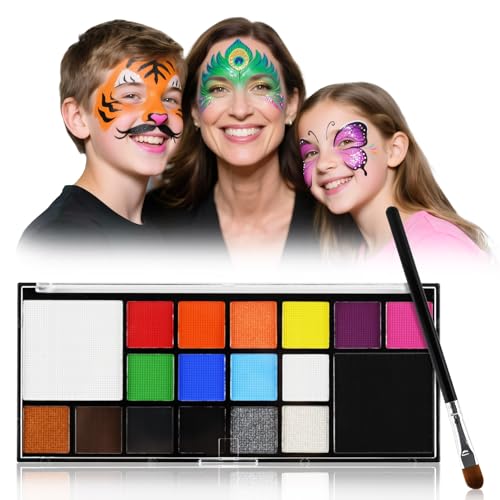 Face Body Paint Kit for Kids Adults-Washable 18 Colors Face Painting Kit with 1 Brush, Non-Toxic, Skin Safe, Water-Activated Facepaint Palette for Halloween Makeup Cosplay Costume Party