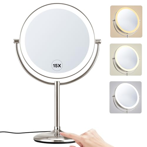 M MIVONDA Makeup Mirror with Lights,1X/15X Brushed Nickel Large Magnifying with Light, 360¡ÆDouble Side Mirror,3 Color Lights & Adjustable Brightness Vanity Mirror,Gift for Christmas Day