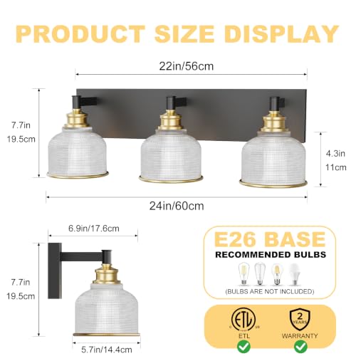 Black and Gold 3-Light Bathroom Vanity Light Fixture - Modern Minimalist Design