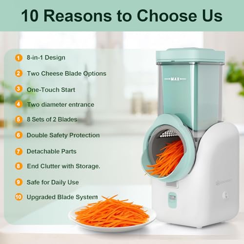 Upgraded 8-in-1 Electric Cheese Grater & Shredder - 8 Interchangeable Blades (2.2mm/4mm Cheese Blades) for Cheese, Vegetables, Fruits & Nuts
