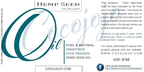 Hemp Seed Oil - Pure, Cold Pressed, Undiluted Carrier Oil 33 oz (1 Quart) cocojojo