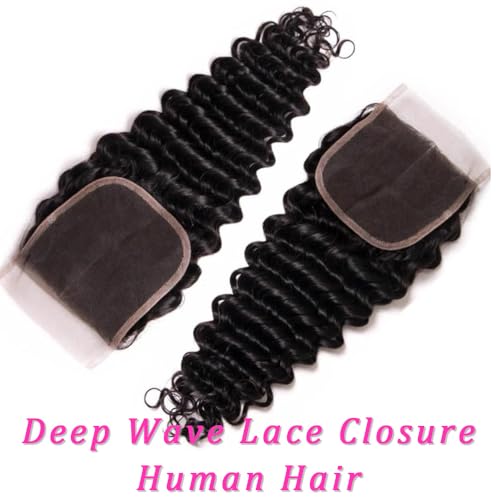 Deep Wave Lace Closure Human Hair 14 Inch 150% Density Brazilian Unprocessed Pre-Plucked