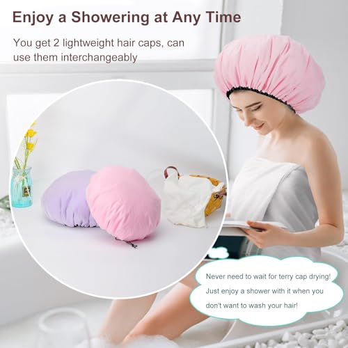 Pink & Purple XXL Adjustable Terry Cloth Shower Cap for Long Hair & Braids - Waterproof Reusable Dreadlocks Cap
