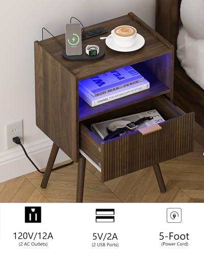 Walnut Brown Nightstand with Charging Station LED Lights Storage Drawer Open Shelf Modern Bedside Table