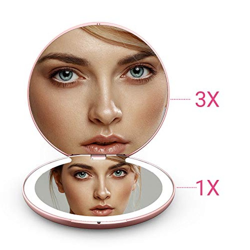 EASEHOLD Compact LED Magnifying Travel Makeup Mirror, 4 inch 1X/3X Magnification Portable Small Hand Pocket Mirror, Dimmable Double Sided USB Rechargeable Touch Screen (Rose Gold)