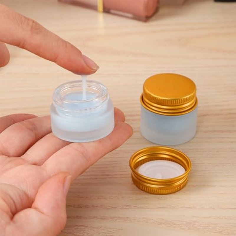 24 pack 10ml Frosted Glass Jars with Gold Lids Small Empty Travel Lotion Containers with Inner Liner Airtight Cosmetic Holder with Labels for Lip Balm Creams Body Butter