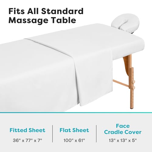 Comfyanno 4 Sets Massage Table Sheets Sets, 3 Pcs Professional Microfiber Massage Bed Sheets, Soft, Light-Weight, Stain & Wrinkle Resistant, Includes Flat & Fitted Sheet, Face Cradle Cover - White