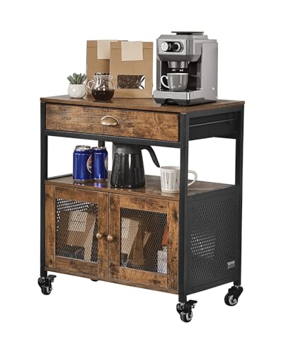 Farmhouse Coffee Bar Cabinet with Wheels & Mesh Doors - Rustic Kitchen Storage