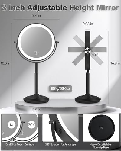 VFD 8'' 30X/1X Magnifying Lighted Makeup Mirror with Adjustable Stand