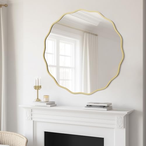 Gold Wavy Round Wall Mirror 32 Inch for Bathroom Bedroom Living Room - Modern Aluminum Frame, Decorative Mirror