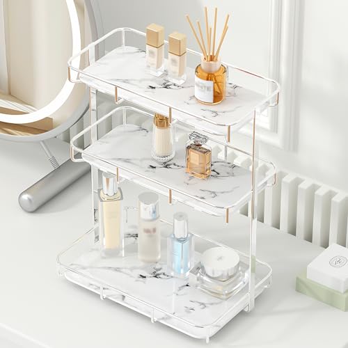 3 Tier XL Silver Bathroom Organizer with Marble Ceramic Trays
