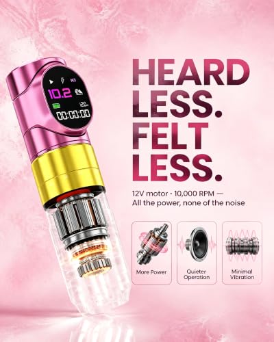 Wireless Rotary Tattoo Gun with Dual Batteries - Pink, 6 Stroke Settings