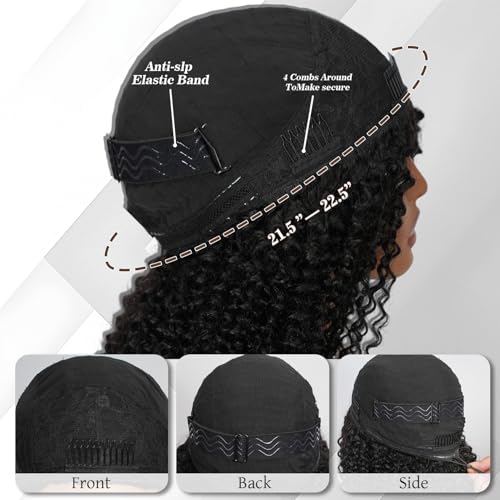 Natural Color 20 Inch Human Hair Half Wig 3-in-1 Kinky Curly Drawstring Seamless Flip Headband Wig for Beginners