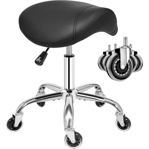 ANWBROAD Saddle Stool with Wheels Ergonomic Swivel Adjustable Rolling Stool with PU Leather Thick Wide Saddle Seat Padding Comfortable Rolling Saddle Chair for Salon Massage Clinic Black UWSS001B
