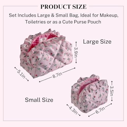 Quilted Pink Rose Makeup Bag Set of 2, Ruffled Cotton Cute Floral Pouches, Large & Small Coquette Pouch for Purse, Travel Cosmetic Organizer Bags, Aesthetic Toiletry Bag, Girly Gifts Women Teen Girls