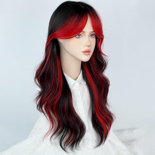 WTHCOS Black Red Ombre Cosplay Wigs for Women Long Curly Wavy Heat-Resistant Synthetic Hair with Curtain Bangs
