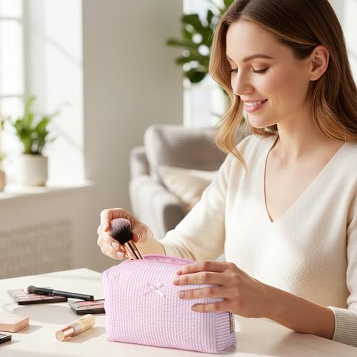 8 Pcs Seersucker Makeup Bag Set with Striped Pattern - Light Pink