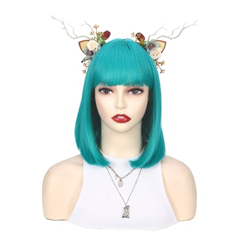 12 Inch Short Bob Wig with Bangs - Teal Blue & Bluish Green Heat-Resistant Synthetic Wig for Cosplay & Party