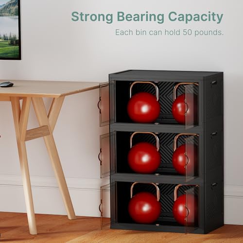 48QT Lockable Plastic Storage Bins - Collapsible & Stackable with Wheels - 3 Pack - Dark