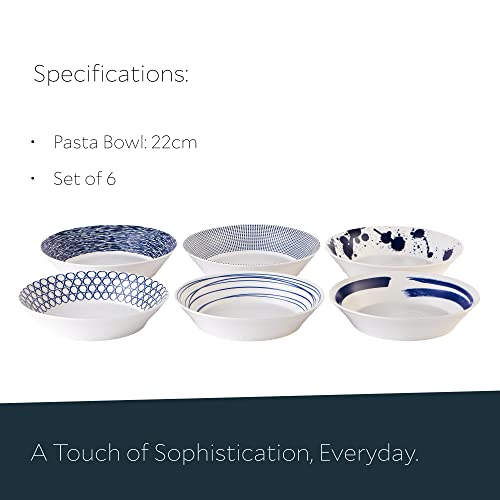 Mixed Patterns Pasta Bowls Set of 6, 22cm Blue Coastal Porcelain