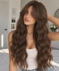 Highlight Brown Synthetic Wavy Wig with Curtain Bangs for Women - Natural Body Wave, 4x2