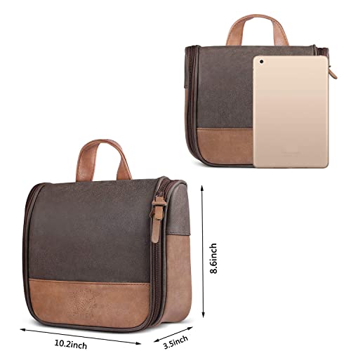 Men's Vintage Leather Hanging Toiletry Bag - Brown Pattern Waterproof Travel Organizer