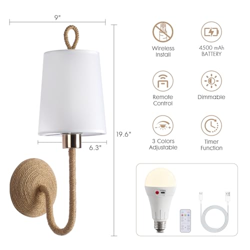 HILUXIA Set of 2 Battery-Operated Boho Wall Sconce Lamps with Remote, Rechargeable LED Rattan Gold Light Fixtures for Bedroom & Living Room