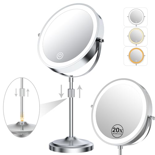 9-Inch Lighted Makeup Mirror with 1X/20X Magnification - Chrome, Adjustable Height