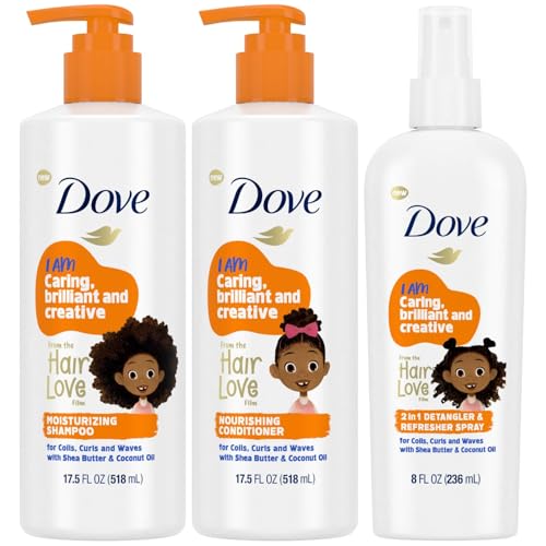 Dove Kids Shampoo & Conditioner Set with Shea Butter & Coconut Oil + 2-in-1 Detangler Spray, ¡°Hair Love¡± Wavy, Coily, Curly Hair Products for Kids