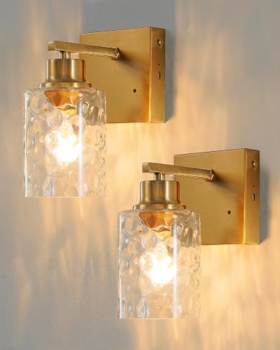 Hammered Glass Wireless Wall Sconces Set of Two Gold with Clear Shades - Rechargeable Battery Operated