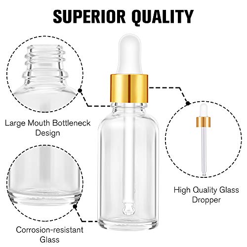 PrettyCare Glass Eye Dropper Bottles 2oz (60ml), 63 Pack Clear Empty Thick Bottles Bulk with Leakproof Golden Caps - With Labels & Funnels for for Storage, Travel,Essential Oils, DIY Serums, Tincture