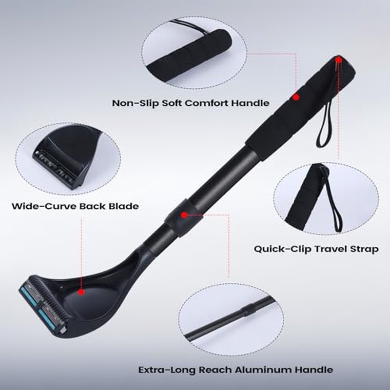 Back Shaver for Men - Retractable Long Handle Back Hair and Body Shavers,Replaceable Multi-Layer Double Blades£¨8PCS£©, Ergonomic DIY Wet or Dry Shaving Solution,Black