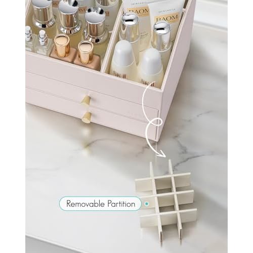 Vlando Makeup Organizer,Skincare Organizer for Vanity£¬PU Leather Make up Organizer with Drawers Cosmetic Display Case for Countertop,Perfume,Gifts Ideas for Women (Apricot White)