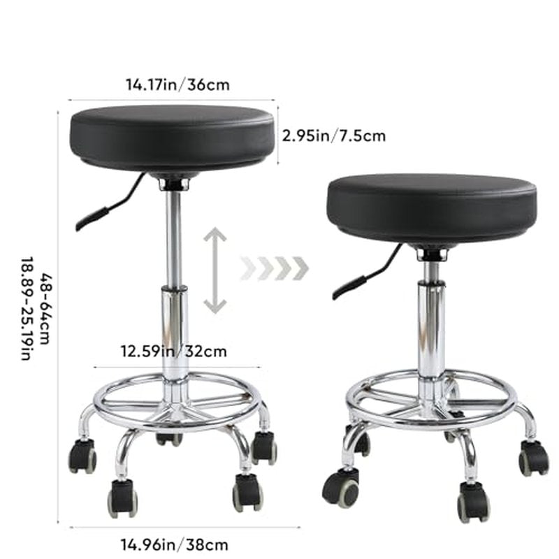 Adjustable Rolling Stool with Wheels - Ergonomic Salon & Tattoo Artist Chair, Office Stool with Comfortable PU Leather Seat,Black