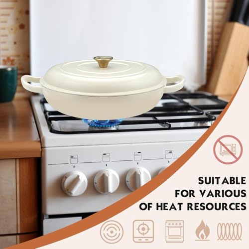 Overmont 3.8QT Enameled Cast Iron Dutch Oven - White Shallow Braiser with Lid