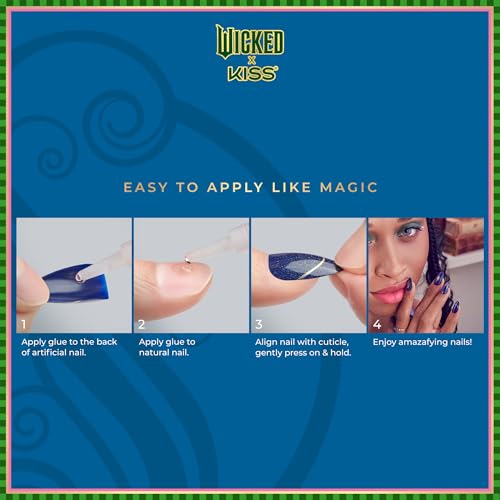WICKED X KISS Press On Nails, ¡®Don't Hide Your Magic¡¯, Green, Short Oval, Waterproof, Chip Proof, Smudge Proof, 28 Fake Nails, Pink Gel Nail Glue (2g), Mini Nail File, & Manicure Stick