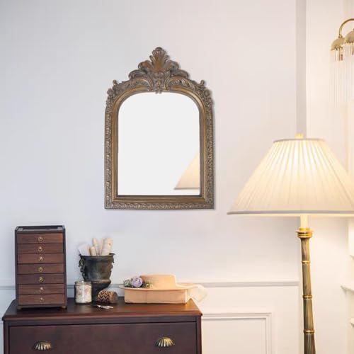Large Bronze Vintage Vanity Wall Mirror with Ornate Carved Frame - 14.4 x 9.8 Inches