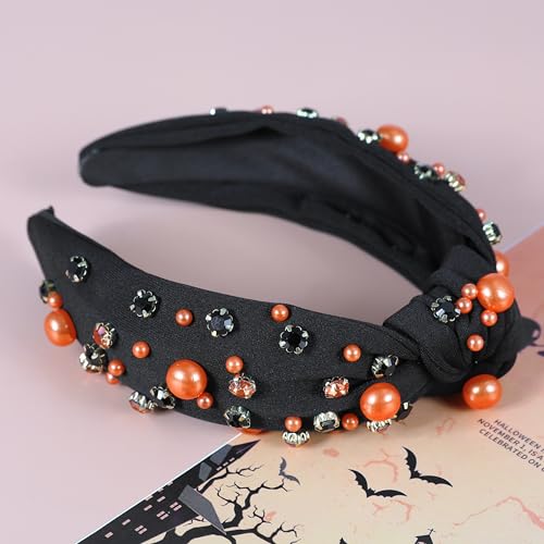 Halloween Pearl Knotted Headbands for Women Sparkly Beaded Crystal Embellished Headband Wide Top Knot Black Pumpkin Hairband Fancy Girls Halloween Hair Accessories Outfits