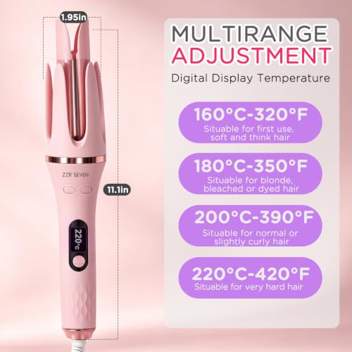 ZZR SEVEN Pink 166 Automatic Curling Iron with Tourmaline Ceramic Coating - Easy 2-Way Rotation for Long-Lasting Beach Waves