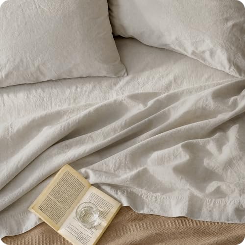 Queen Linen Beige Bed Sheets Set - Breathable Cotton-Linen Blend, 4 Pieces