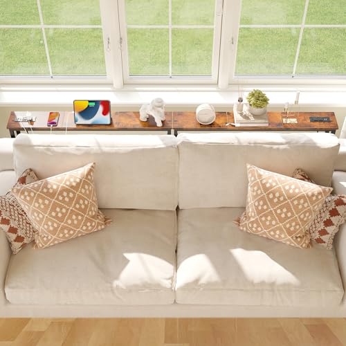 Rustic Brown Narrow Console Table with Outlets - 78.8 Inch Sofa Behind Couch