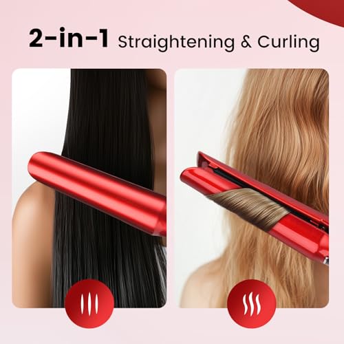 2-in-1 Hair Straightener and Curler - Titanium & Ceramic, Red - Fast Heat-up & Adjustable Temperature