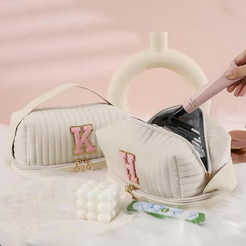 Initial Makeup Bag Monogrammed Double Layer Cosmetic Bag Velvet Travel Toiletry Bag Large Cpacity Makeup Pouch Portable Makeup Organizer Cosmetic Brush Bag Case (D, White/Pink)