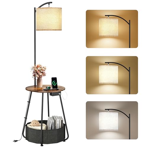 Rustic Brown Floor Lamp with Table & Charging Station - Modern Nightstand with USB & Type-C Ports